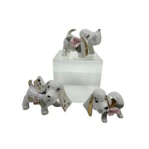 Vintage Chase Hand Painted Japan 3 Ceramic Hound Dogs Gold Trim Pink Flowers